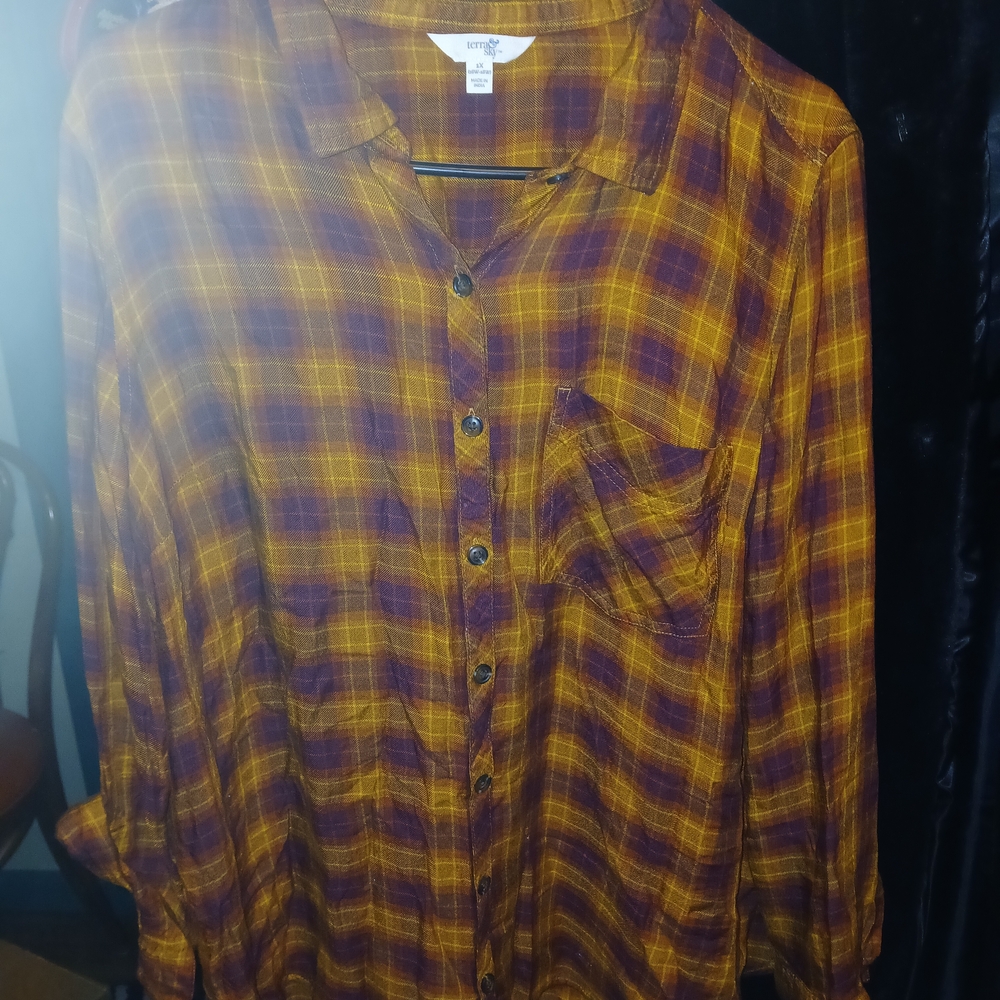 Terra & Sky Women's Plaid Button Down Shirt - Yellow and Purple